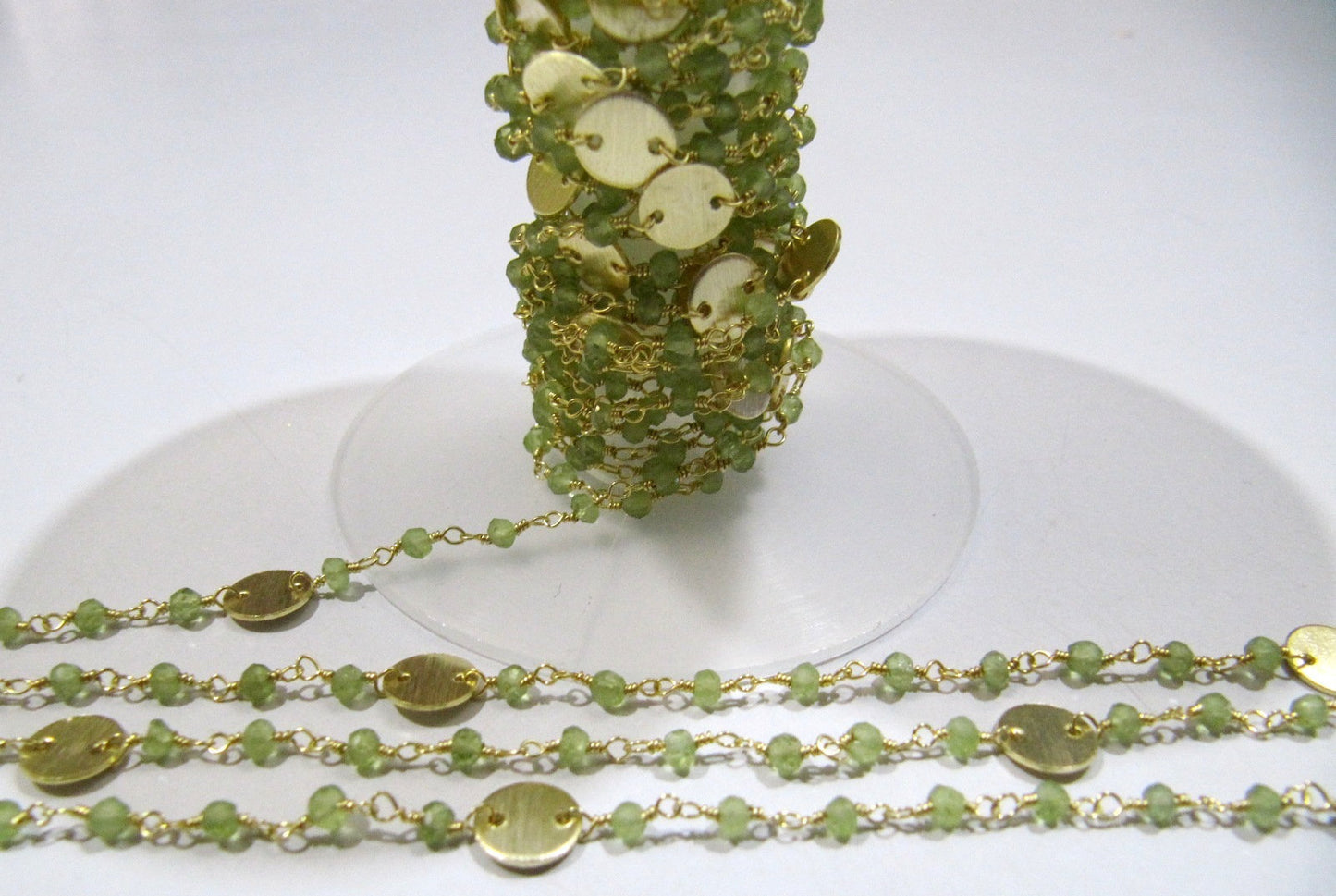 Natural Peridot Rondelle Faceted Beads 3-4mm Rosary Chain with Metal Coin Gemstone Handmade beaded Wire Wrapped Chain Sold Per Foot