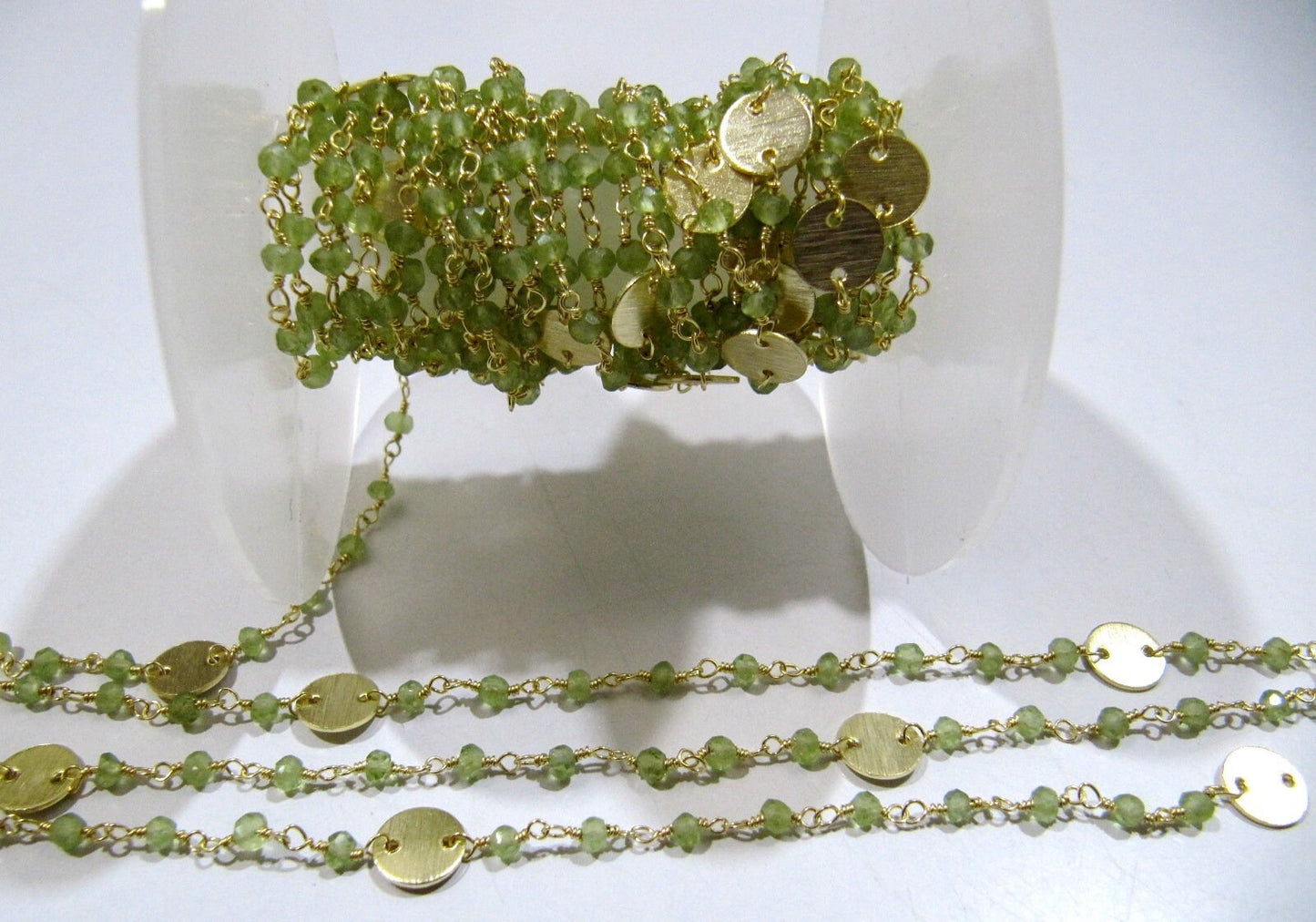 Natural Peridot Rondelle Faceted Beads 3-4mm Rosary Chain with Metal Coin Gemstone Handmade beaded Wire Wrapped Chain Sold Per Foot