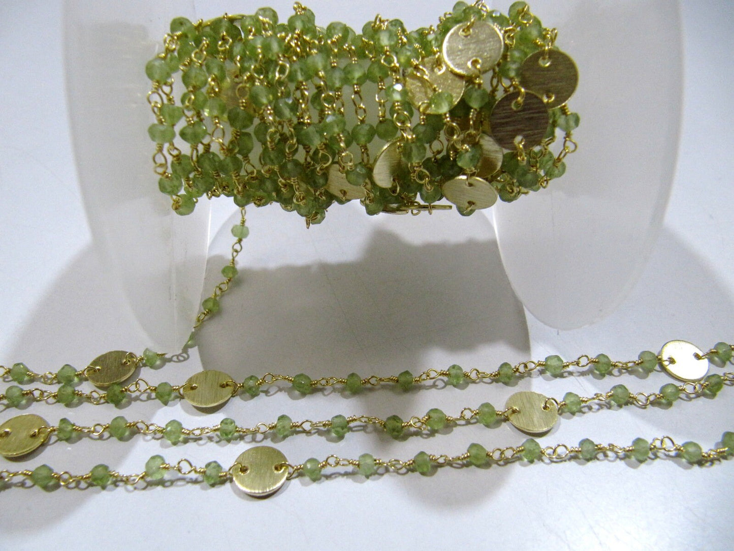 Natural Peridot Rondelle Faceted Beads 3-4mm Rosary Chain with Metal Coin Gemstone Handmade beaded Wire Wrapped Chain Sold Per Foot