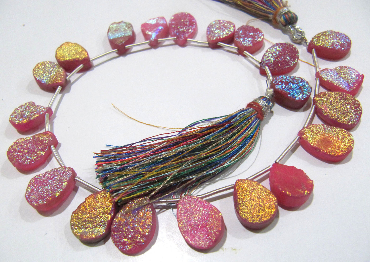 Natural Titanium Coated Agate Pink Druzy Pear Shape Beads Jewelry Making Bead Strand 10 Inches Long Sold Per Strand