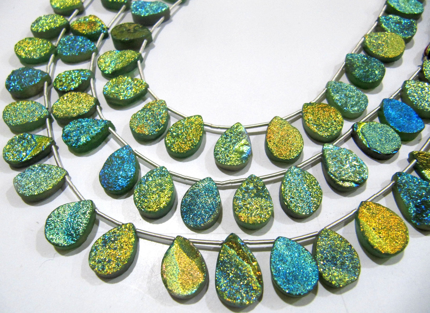 Natural Titanium Coated Agate Green Druzy Pear Shape Beads Jewelry Making Bead Strand 10 Inches Long Sold Per Strand