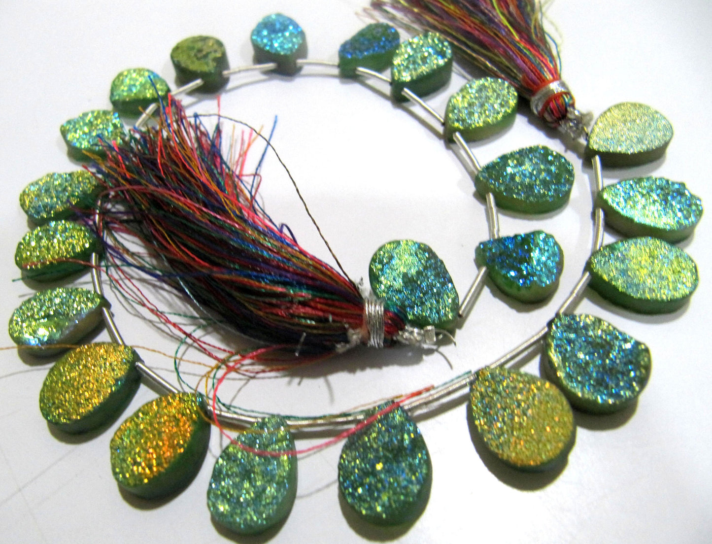 Natural Titanium Coated Agate Green Druzy Pear Shape Beads Jewelry Making Bead Strand 10 Inches Long Sold Per Strand