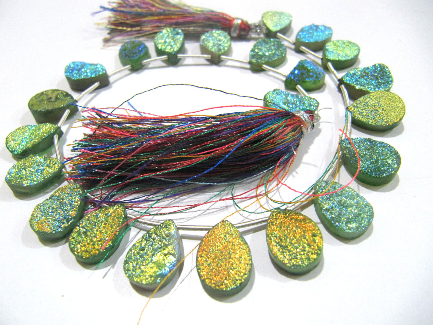 Natural Titanium Coated Agate Green Druzy Pear Shape Beads Jewelry Making Bead Strand 10 Inches Long Sold Per Strand