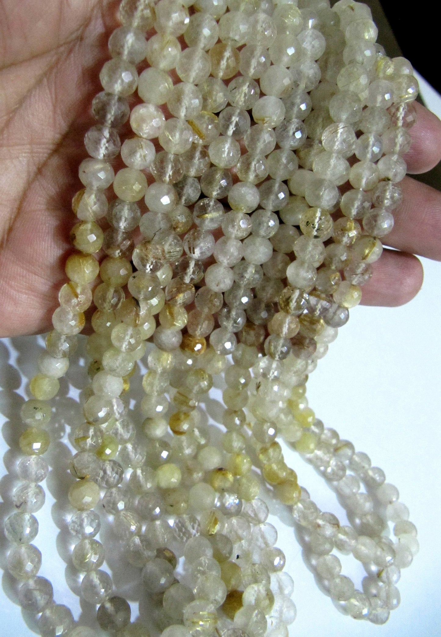 Natural Golden Rutilated 7mm Round Ball Shape Faceted Beads sold per strand 8 Inches Long Semi Precious Golden Color Beads Top Quality