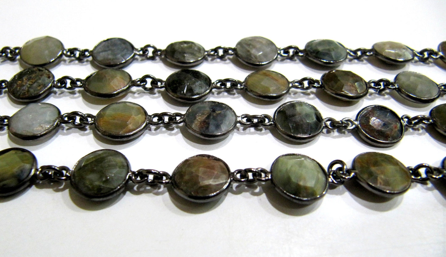 Natural Cat's Eye  Round Coin Shape Briolette Faceted 10mm Bezel Connector Chain Best quality Wholesale Prices Sold Per Foot