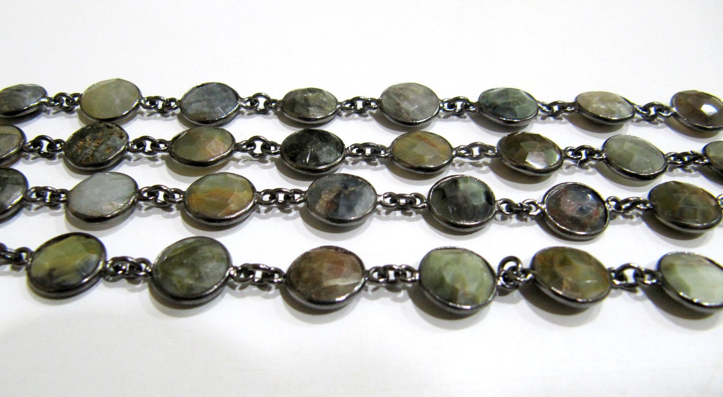 Natural Cat's Eye  Round Coin Shape Briolette Faceted 10mm Bezel Connector Chain Best quality Wholesale Prices Sold Per Foot