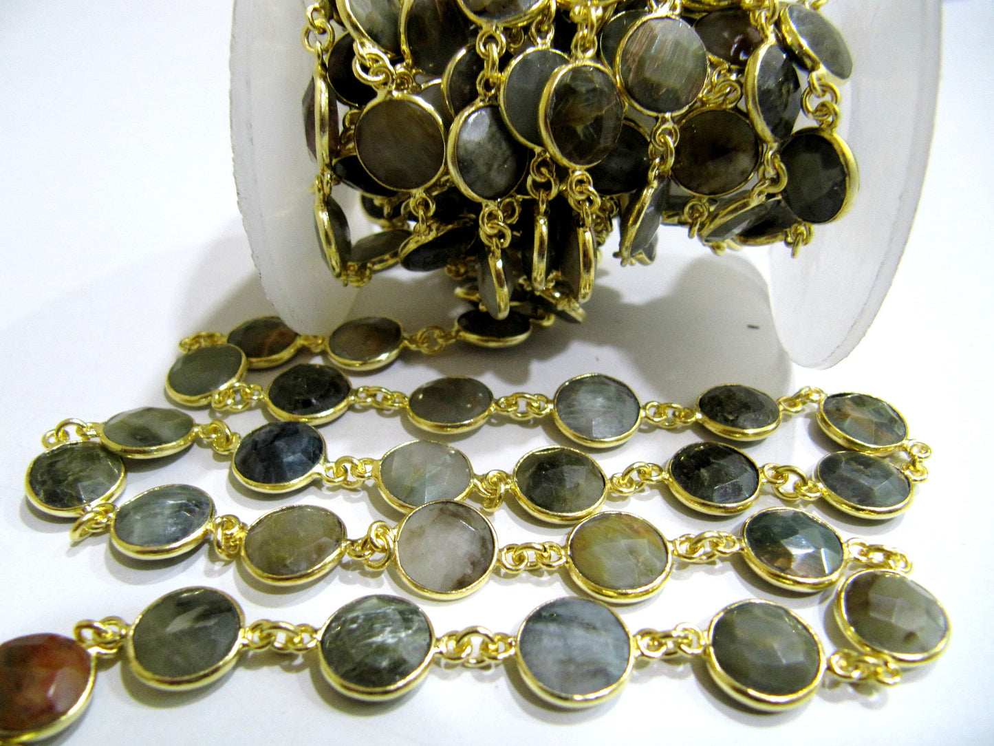 Natural Cat's Eye  Round Coin Shape Briolette Faceted 10mm Bezel Connector Chain Best quality Wholesale Prices Sold Per Foot