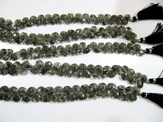 Natural Black Rutile Dot Quartz Heart Shape Briolette 10mm  Faceted top quality beads Strand 10 inches long Jewelry making Beads
