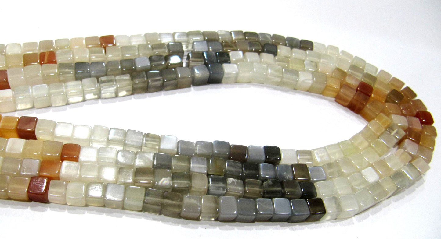 Natural Multi Moonstone Cube 5mm  Plain Smooth Box Shape Beads Strand 8 inches long Multi Gemstone Beads Wholesale Prices