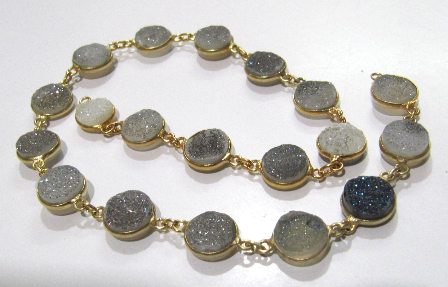1 Foot -: Natural White Sugar Druzy Round Coin Shape 10mm Gold Plated Bezel Connector Chain Sold Per Foot Wholesale Prices