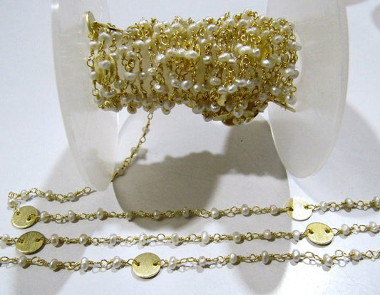 Natural Pearl Rondelle Faceted Beads 3-4mm Rosary Chain with Metal Coin Gemstone Handmade beaded Wire Wrapped Chain Sold Per Foot