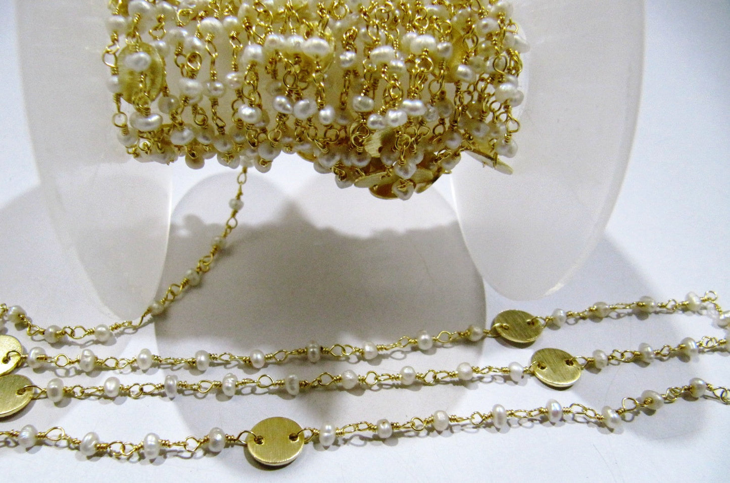 Natural Pearl Rondelle Faceted Beads 3-4mm Rosary Chain with Metal Coin Gemstone Handmade beaded Wire Wrapped Chain Sold Per Foot