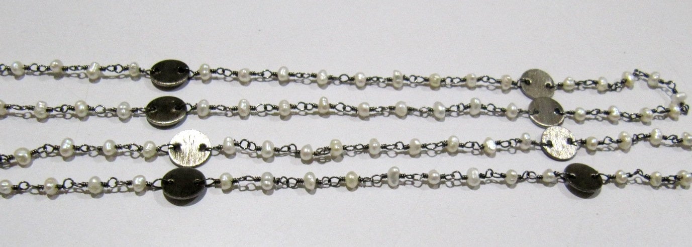 Natural Pearl Rondelle Faceted Beads 3-4mm Rosary Chain with Metal Coin Gemstone Handmade beaded Wire Wrapped Chain Sold Per Foot