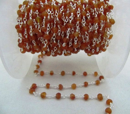 Natural Carnelian Rondelle Faceted Beaded 3-4mm Size Beads Rosary Chain Wholesale Prices Handmade Gemstone chain per foot