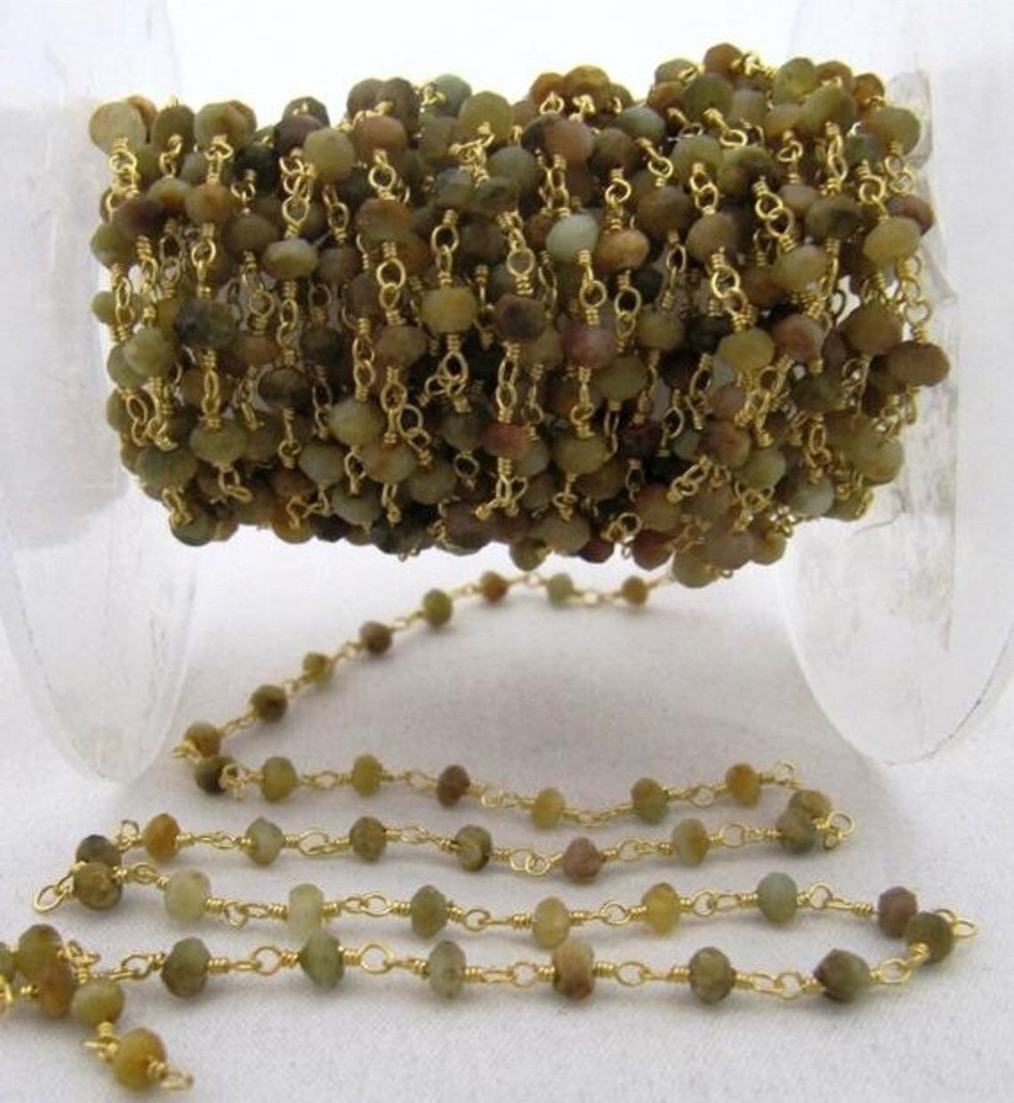 3 Feet- Cat's Eye wire wrapped beaded Rosary Chain 3 to 4mm Rondelle faceted Gemstones Chain -Jewelry Making Chain Wholesale Prices