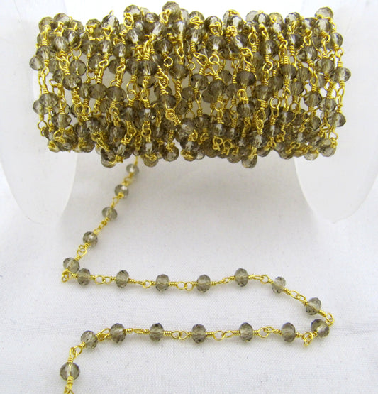 3 Feet- Smoky Quartz Rondelle Faceted  Size 3mm Beaded Wire Wrapped Rosary Chain Wholesale Prices Choose the Plating Color