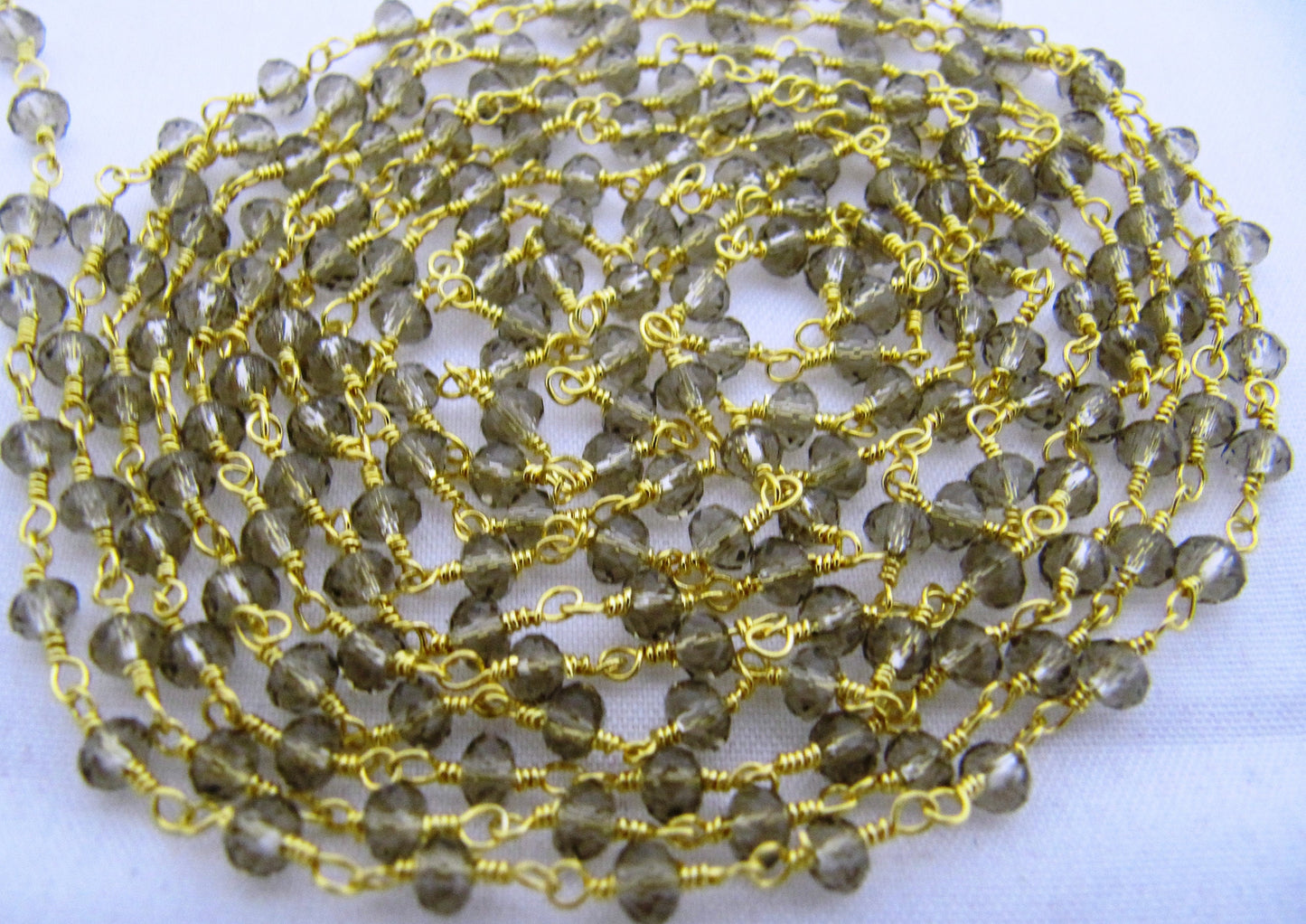 3 Feet- Smoky Quartz Rondelle Faceted  Size 3mm Beaded Wire Wrapped Rosary Chain Wholesale Prices Choose the Plating Color