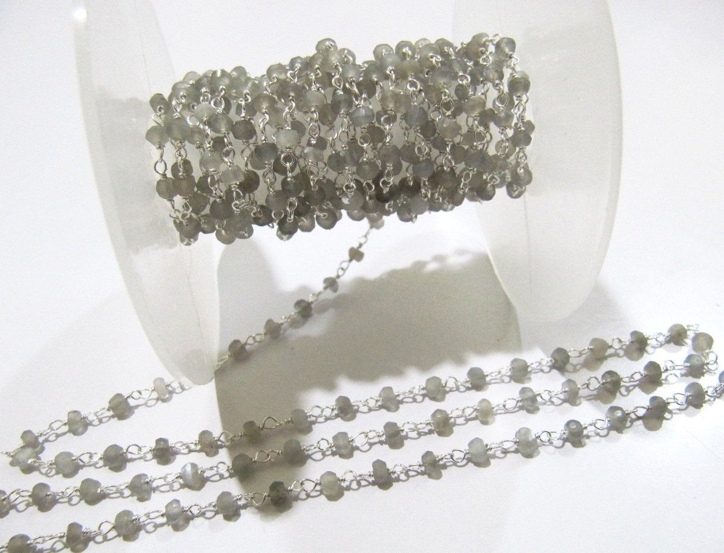 Natural Grey Moonstone Rondelle Faceted Beads 3-4mm chain Moonstone Wire Wrapped Rosary Beaded Chain Wholesale Prices sold per foot