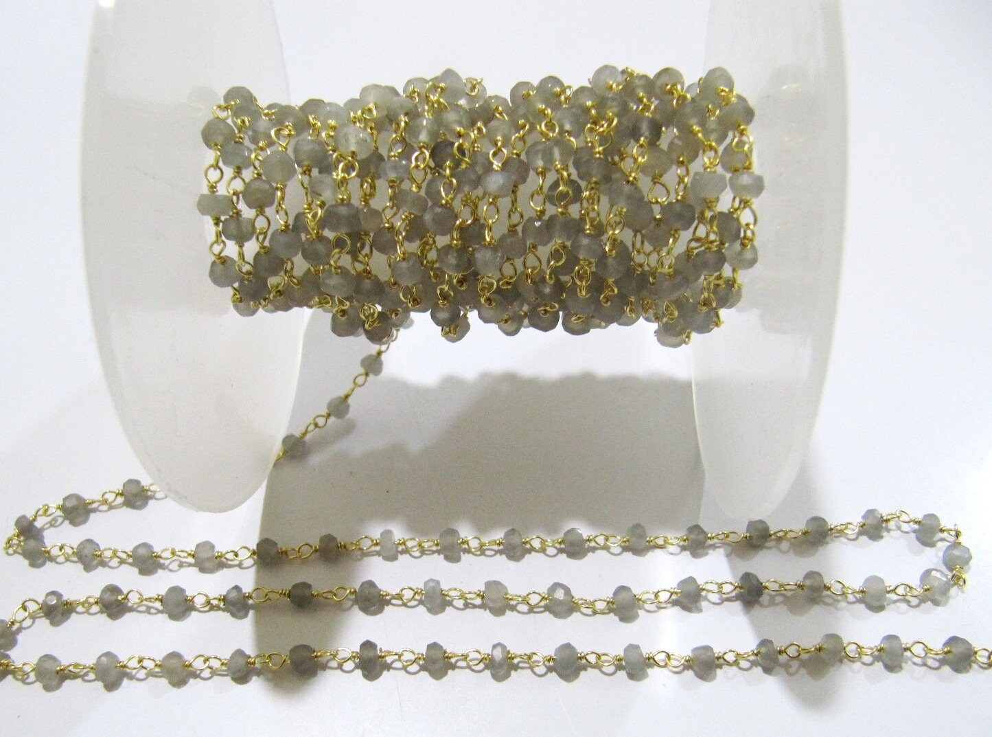 Natural Grey Moonstone Rondelle Faceted Beads 3-4mm chain Moonstone Wire Wrapped Rosary Beaded Chain Wholesale Prices sold per foot
