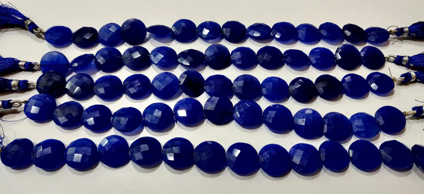 Blue Sapphire  Round Coin Shape Briolette Faceted Straight Drilled Beads 15mm Sold per Strand 8 inches Blue Gemstone Beads