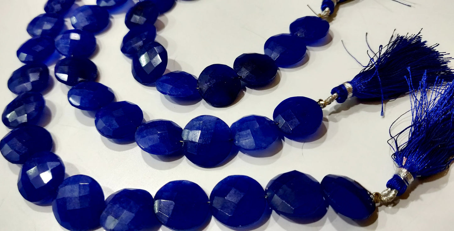 Blue Sapphire  Round Coin Shape Briolette Faceted Straight Drilled Beads 15mm Sold per Strand 8 inches Blue Gemstone Beads