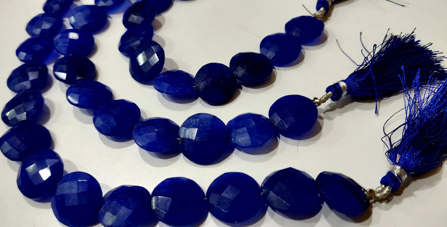 Blue Sapphire  Round Coin Shape Briolette Faceted Straight Drilled Beads 15mm Sold per Strand 8 inches Blue Gemstone Beads