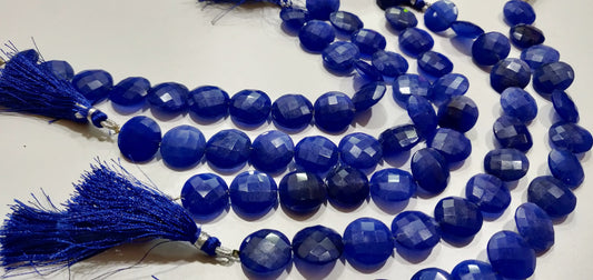 Blue Sapphire  Round Coin Shape Briolette Faceted Straight Drilled Beads 15mm Sold per Strand 8 inches Blue Gemstone Beads
