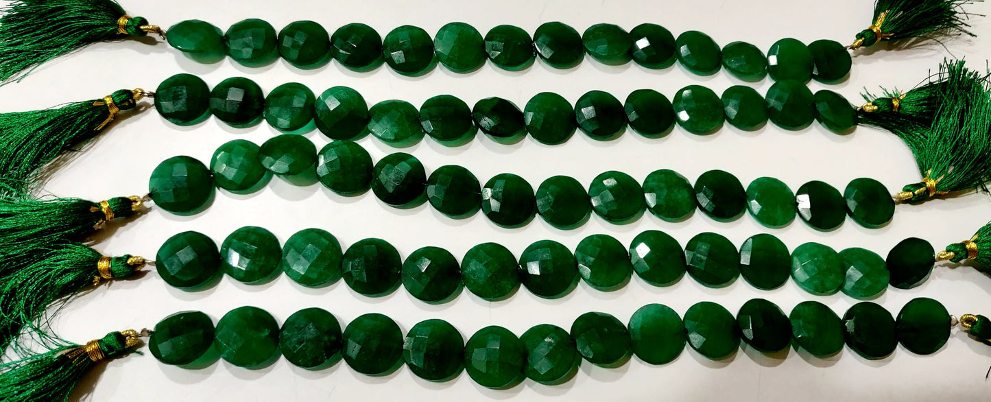 Emerald Round Coin Shape Briolette Faceted Straight Drilled Beads 15mm Sold per Strand 8 inches long Green Gemstone beads