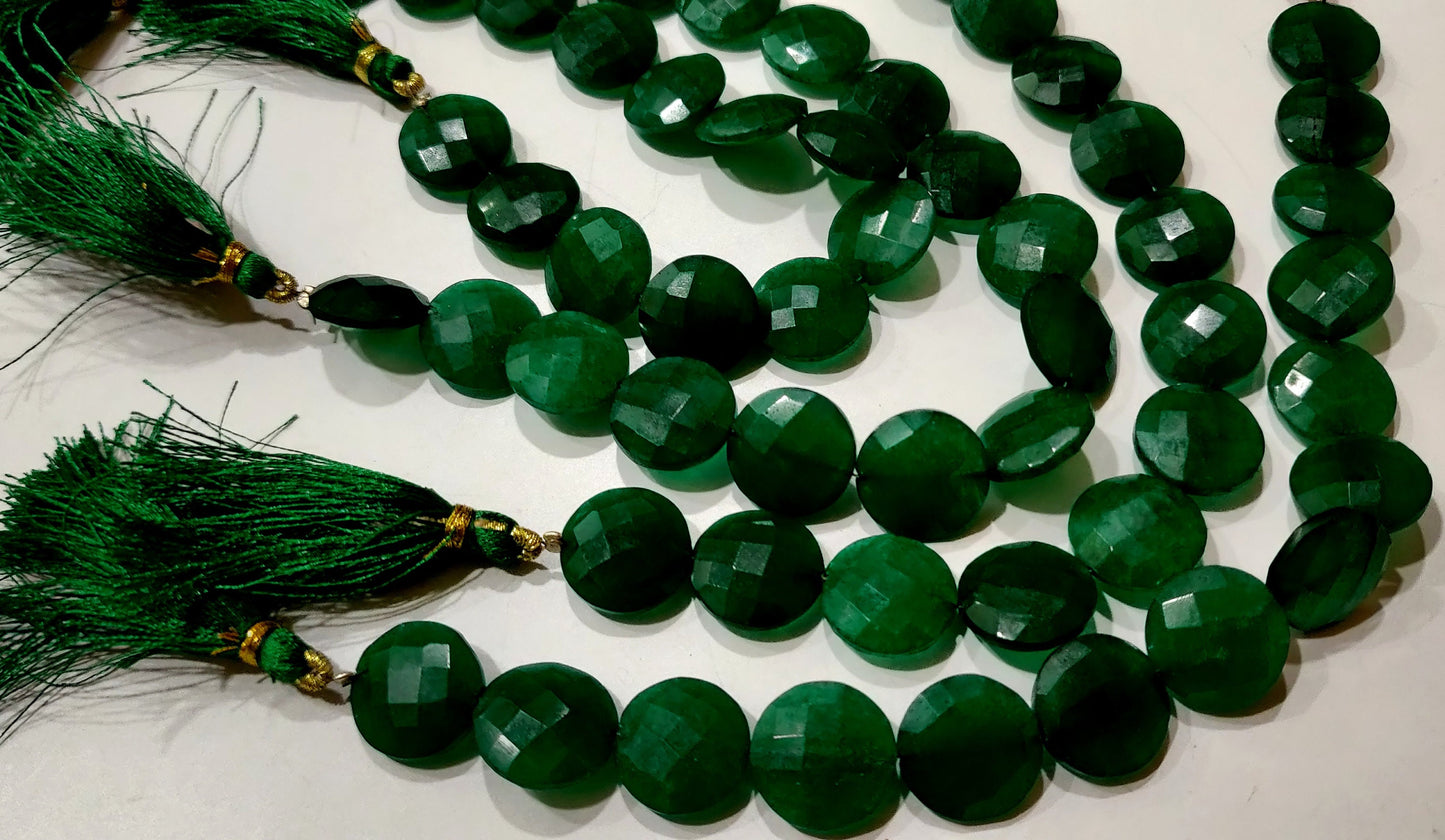 Emerald Round Coin Shape Briolette Faceted Straight Drilled Beads 15mm Sold per Strand 8 inches long Green Gemstone beads