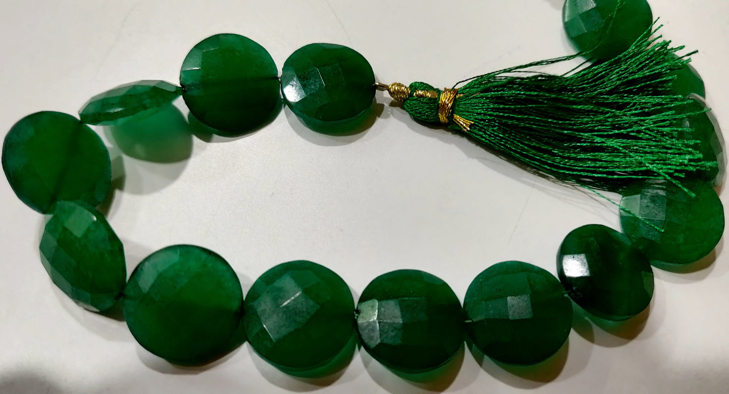 Emerald Round Coin Shape Briolette Faceted Straight Drilled Beads 15mm Sold per Strand 8 inches long Green Gemstone beads