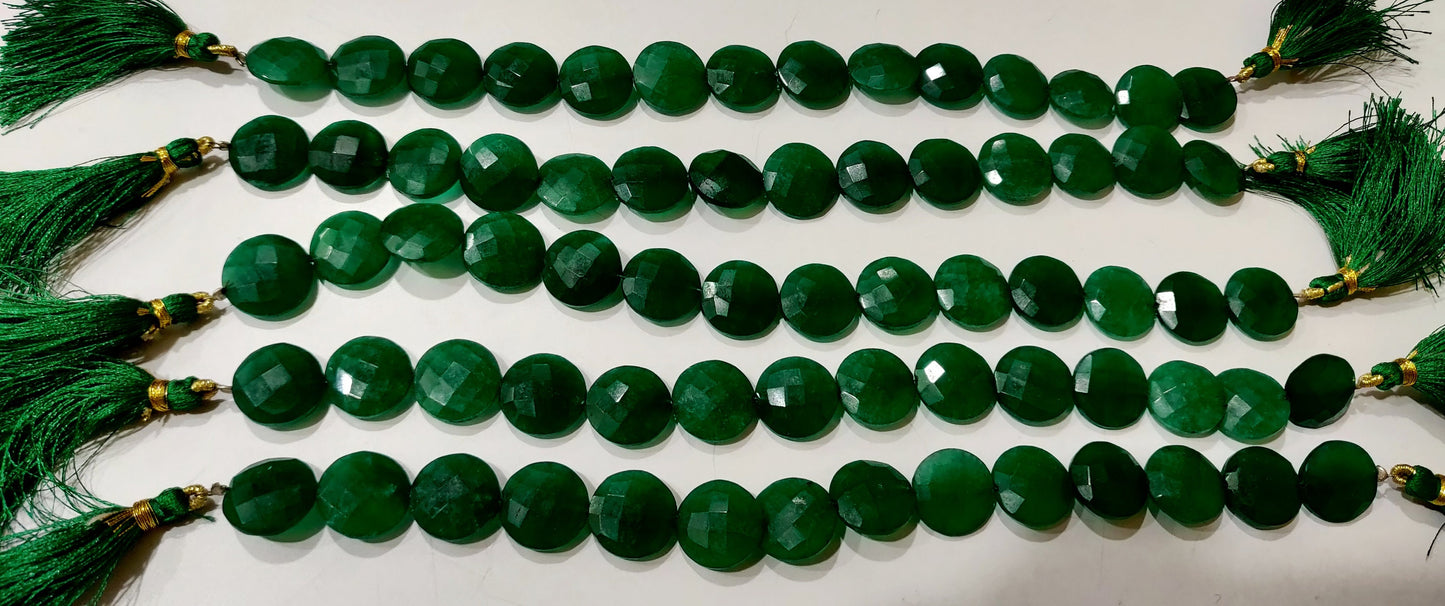 Emerald Round Coin Shape Briolette Faceted Straight Drilled Beads 15mm Sold per Strand 8 inches long Green Gemstone beads