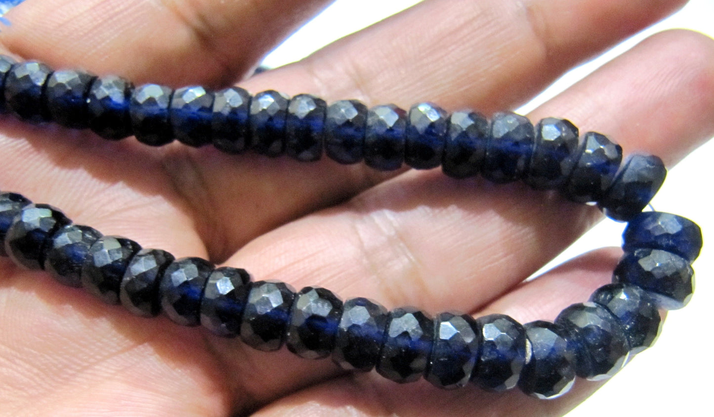 Blue Sapphire Rondelle Micro Faceted 6 to 8mm Hydrothermal Lab Created Sapphire Beads Strand 8 inches Long Jewelry Making High Quality Beads