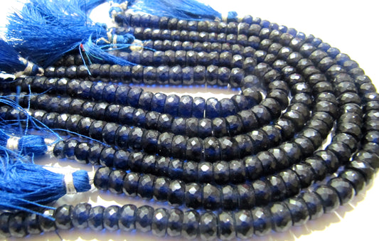 Blue Sapphire Rondelle Micro Faceted 6 to 8mm Hydrothermal Lab Created Sapphire Beads Strand 8 inches Long Jewelry Making High Quality Beads
