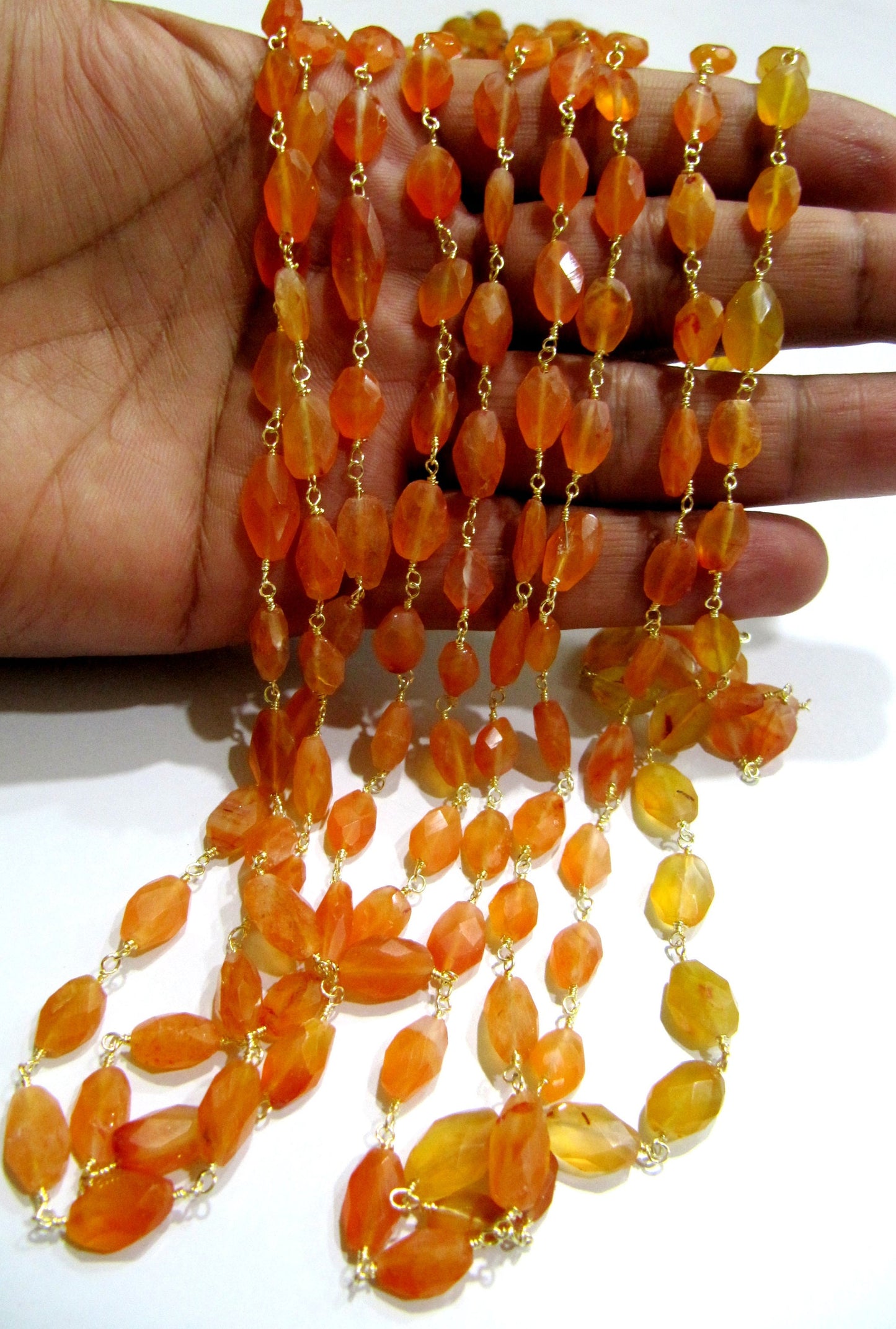 Natural Carnelian Oval Mani Shape Briolette Faceted 6X9mm Size Beaded Wire Wrapped Rosary Chain Wholesale Price Sold per Foot Choose color