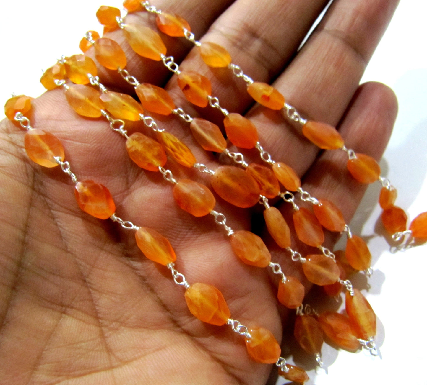 Natural Carnelian Oval Mani Shape Briolette Faceted 6X9mm Size Beaded Wire Wrapped Rosary Chain Wholesale Price Sold per Foot Choose color