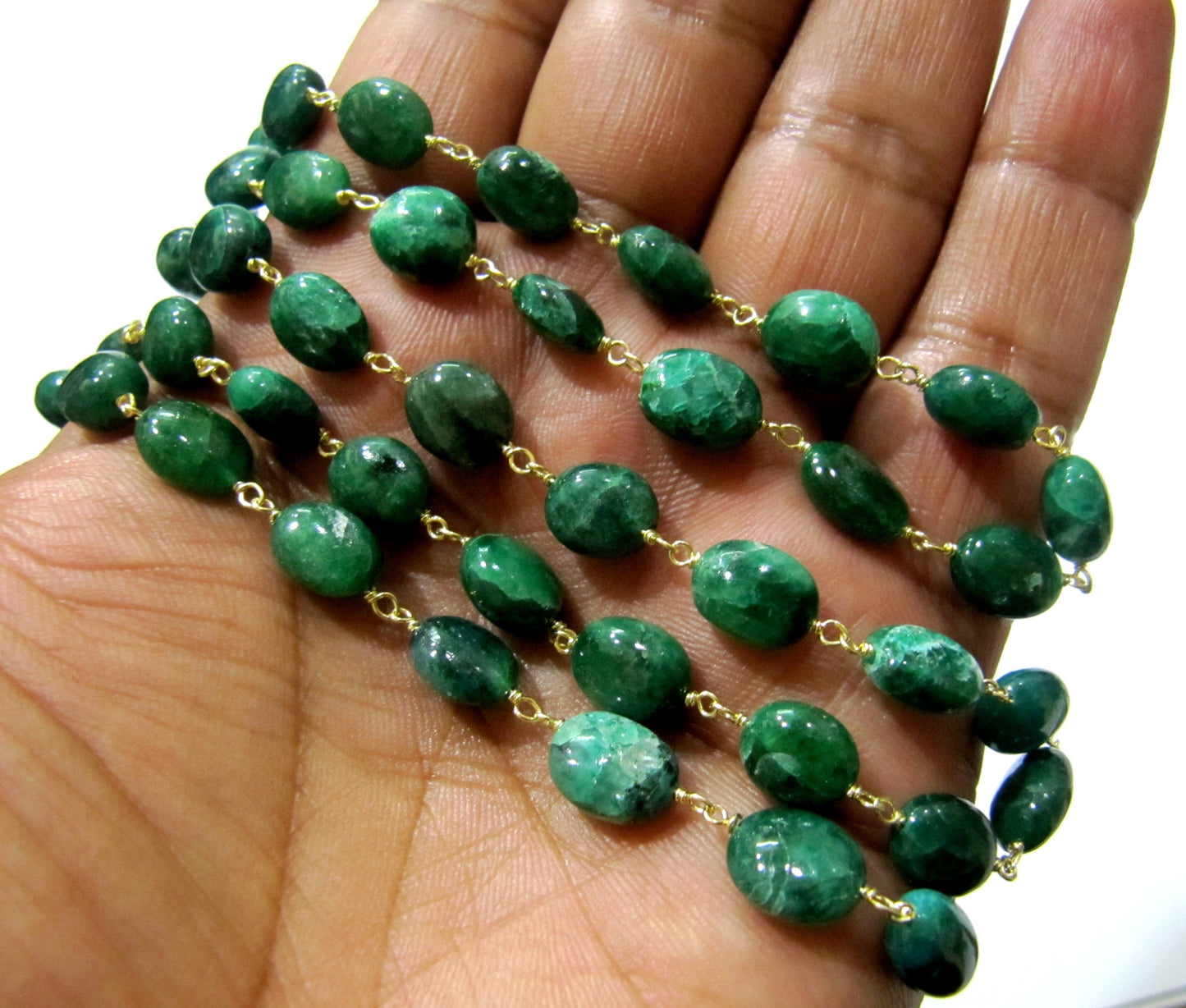 Natural Emerald Rosary Chain Smooth Oval Beads 9mm to 12mm Beryl Emerald Beaded Chain Sold Per FOOT Jewelry Making chain