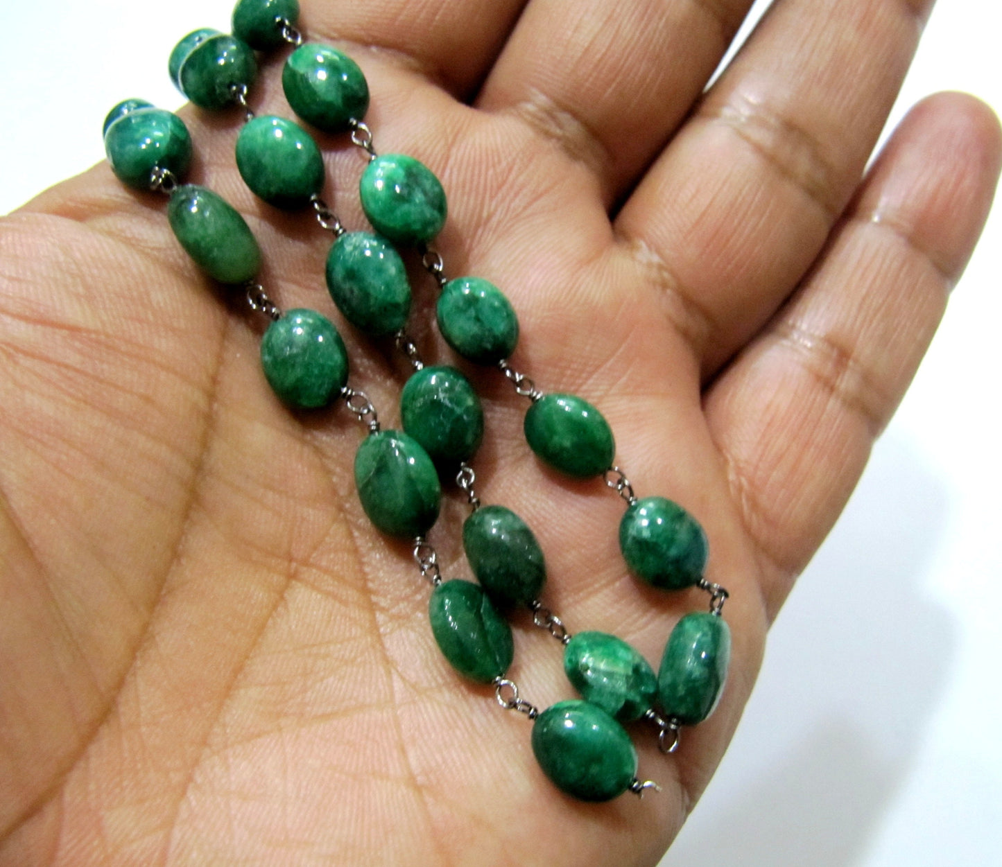 Natural Emerald Rosary Chain Smooth Oval Beads 9mm to 12mm Beryl Emerald Beaded Chain Sold Per FOOT Jewelry Making chain