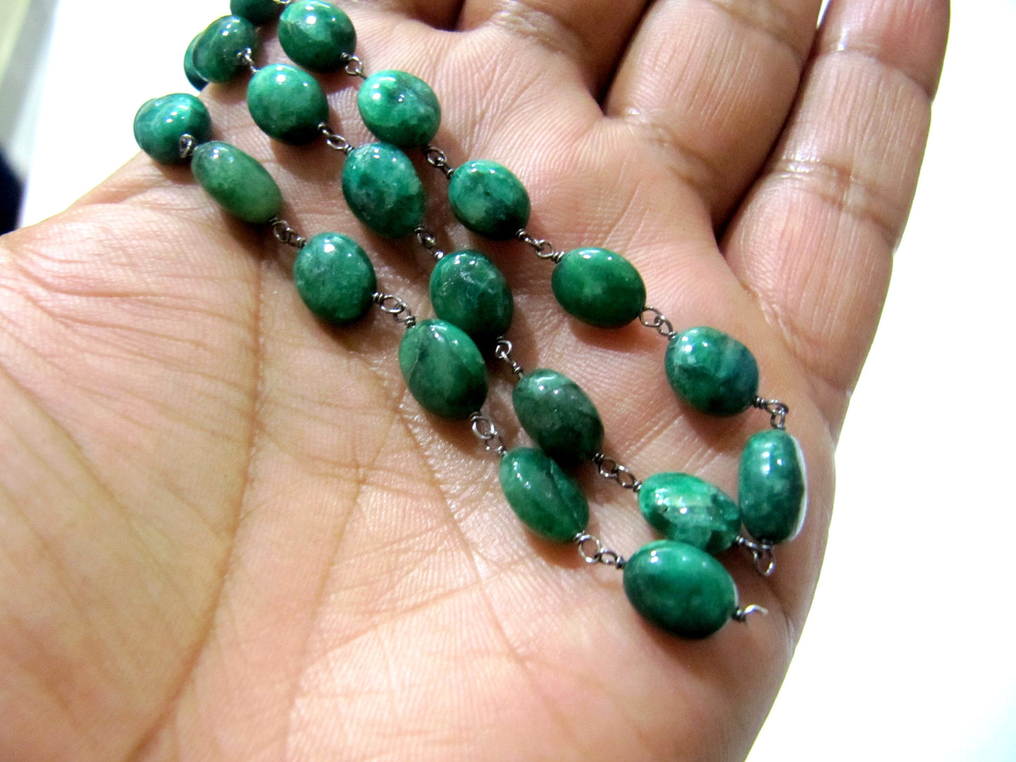 Natural Emerald Rosary Chain Smooth Oval Beads 9mm to 12mm Beryl Emerald Beaded Chain Sold Per FOOT Jewelry Making chain