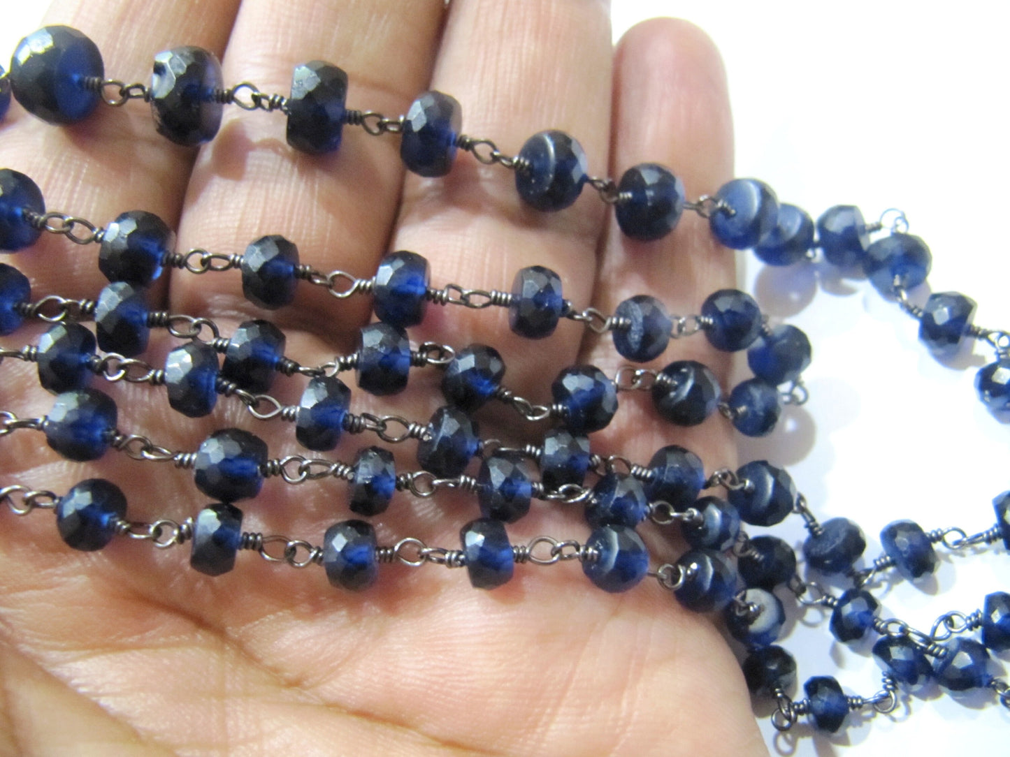 Blue Sapphire Rondelle Faceted  5 to 8mm Size Graduated Beaded Wire Wrapped Chain Jewelry making Chain Wholesale Prices Sold per foot