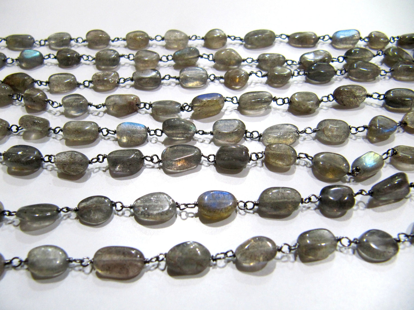 Natural Labradorite Oval Shape Plain Smooth 6x8mm Approx Size Beaded Wire Wrapped Rosary Chain Wholesale Prices sold per foot
