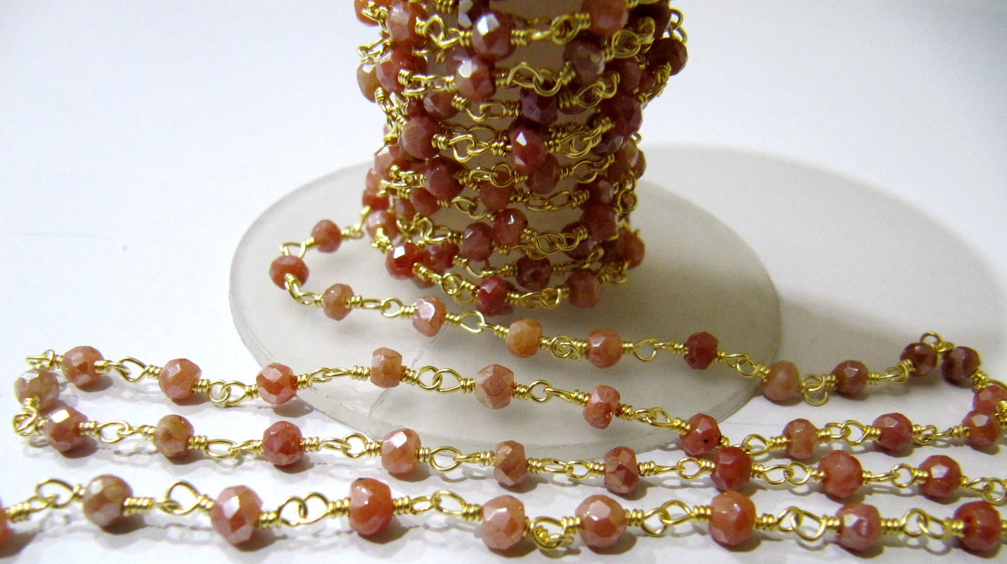 Natural Brown Silverite AB Coated 3-4mm Size Rondelle Faceted Beaded  Rosary Wire Wrapped Beaded chain Wholesale Price per foot