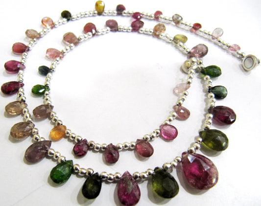 Natural Multi Tourmaline Briolette Faceted Pear Shape 4X6mm to 9X12mm Size Beaded Necklace 16 Inches Long With Magnetic Clasp
