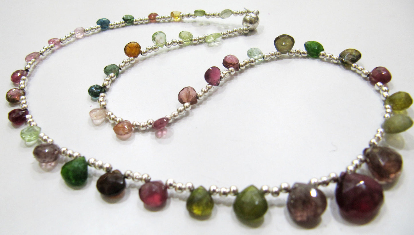 Natural Multi Tourmaline Briolette Faceted Heart Shape 6 to 10mm Graduated Beaded Necklace 16 Inches Long With Magnetic Clasp