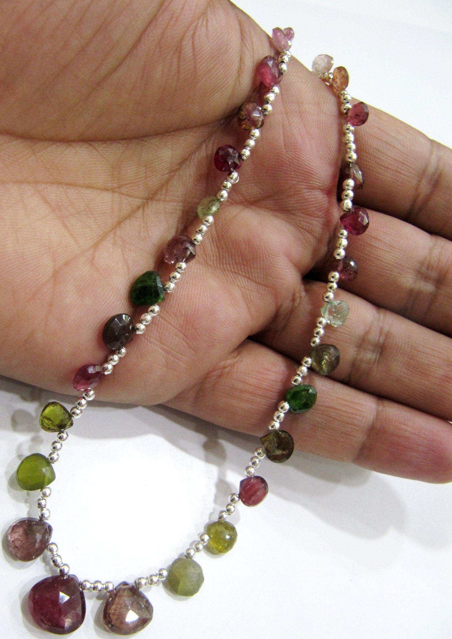 Natural Multi Tourmaline Briolette Faceted Heart Shape 6 to 10mm Graduated Beaded Necklace 16 Inches Long With Magnetic Clasp