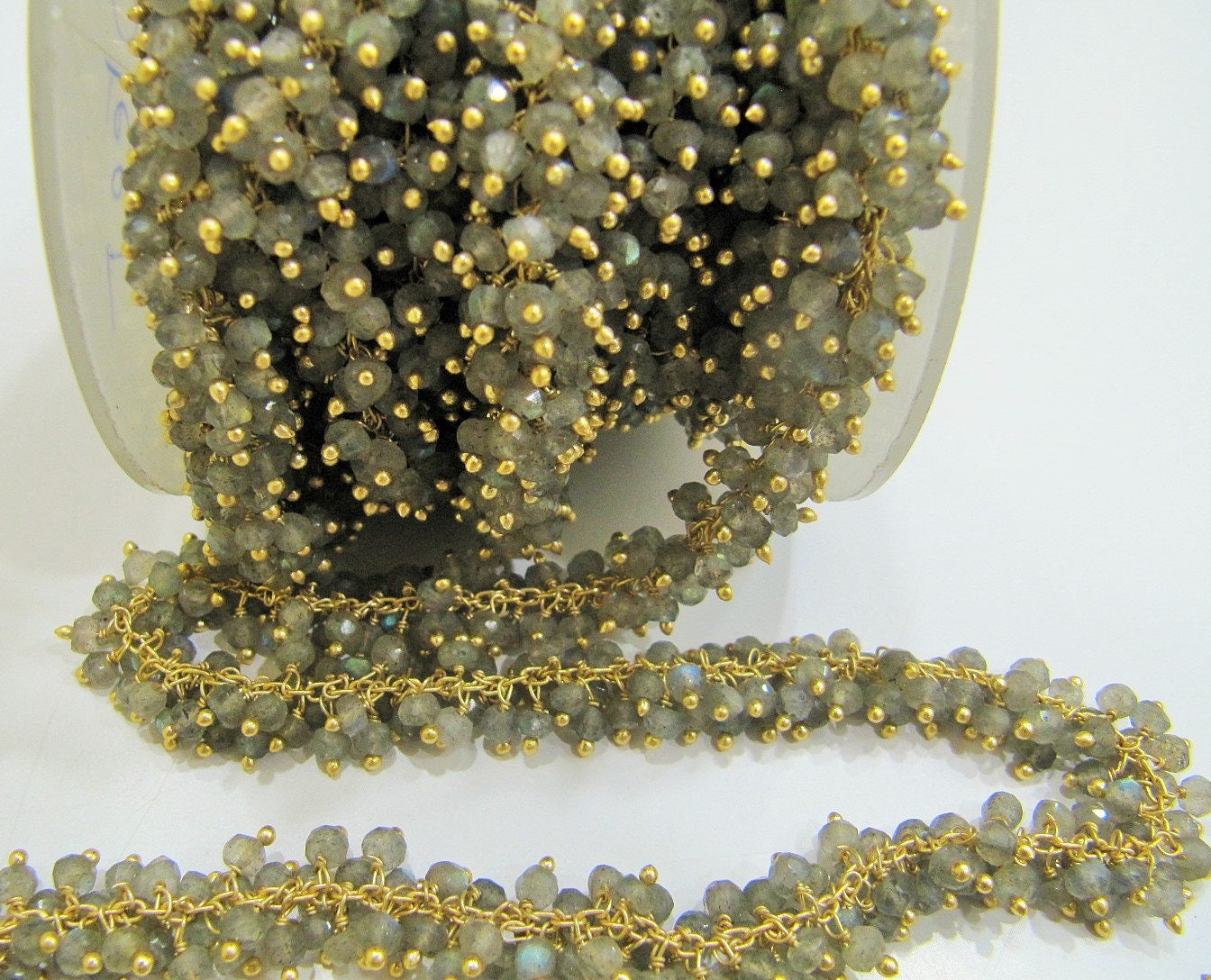Natural Labradorite Rondelle Micro faceted 3mm Beaded Dangling Cluster Wire Wrapped Rosary Chain Wholesale Prices