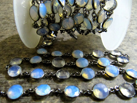 White Opal Round Coin Shape Briolette Faceted Bezel 9mm Size Connector Chain Wholesale Prices Jewelry making Chain sold per foot