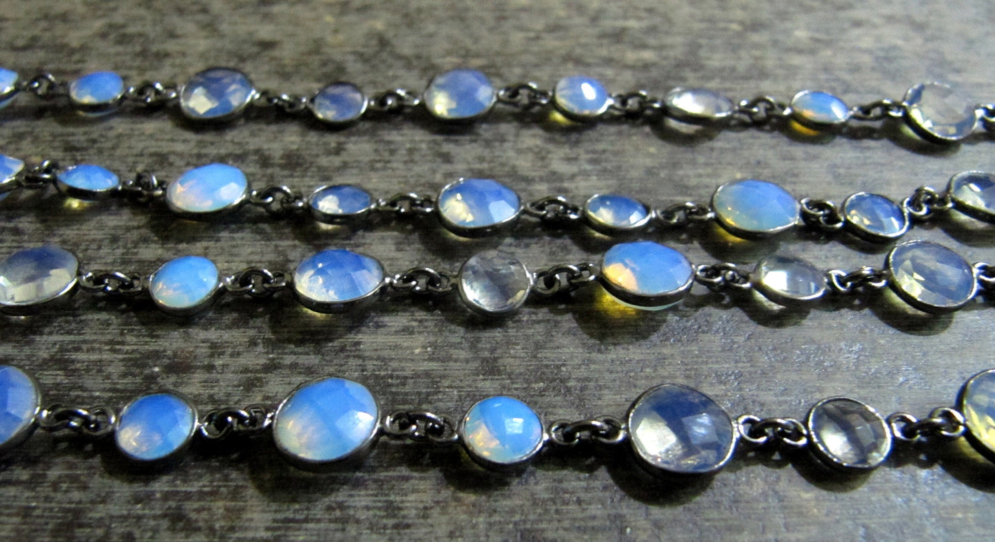 1 Foot-: White Opal Quartz Round Coin Shape Briolette Faceted alternative Size Bezel Connector Chain Wholesale Prices Jewelry making Chain