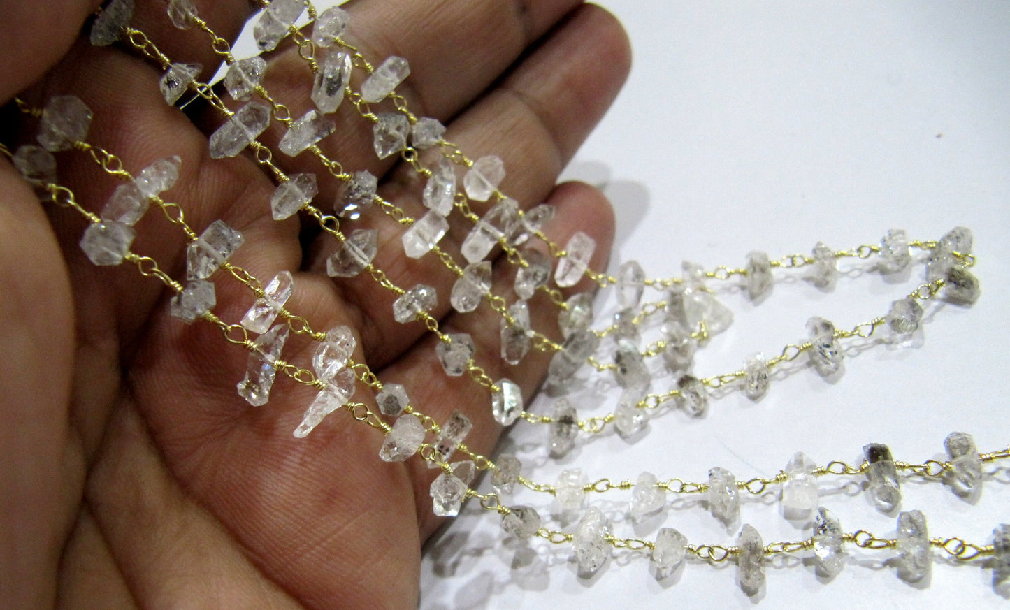 1 Foot -: Natural Herkimer Diamond Quartz irregular Rough  Chip 5 to 8mm Beaded Wire Wrapped Rosary Chain Wholesale Prices