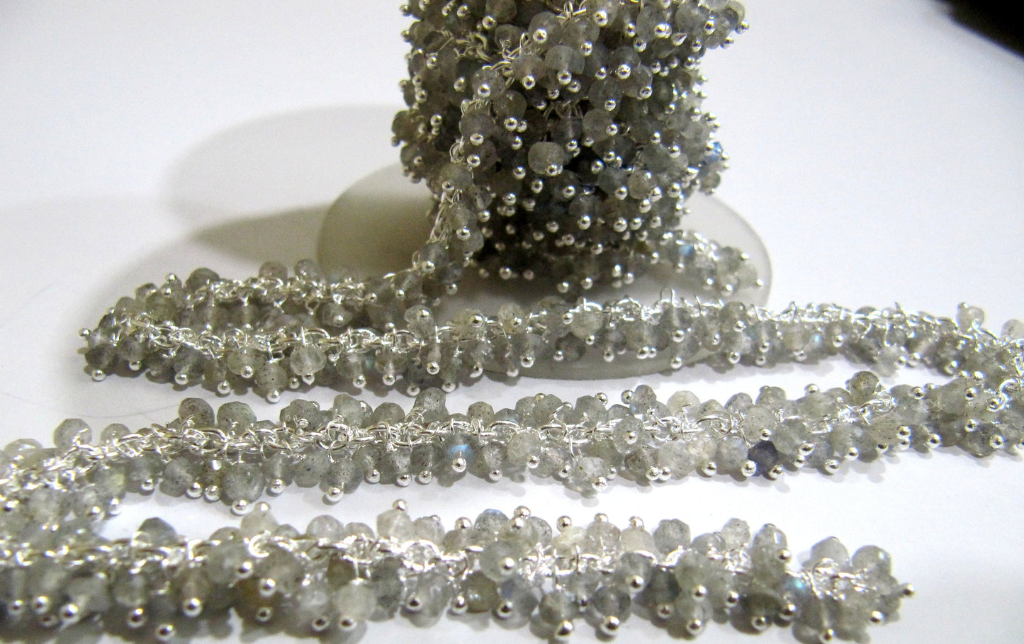 Natural Labradorite Rondelle Micro faceted 3mm Beaded Dangling Cluster Wire Wrapped Rosary Chain Wholesale Prices