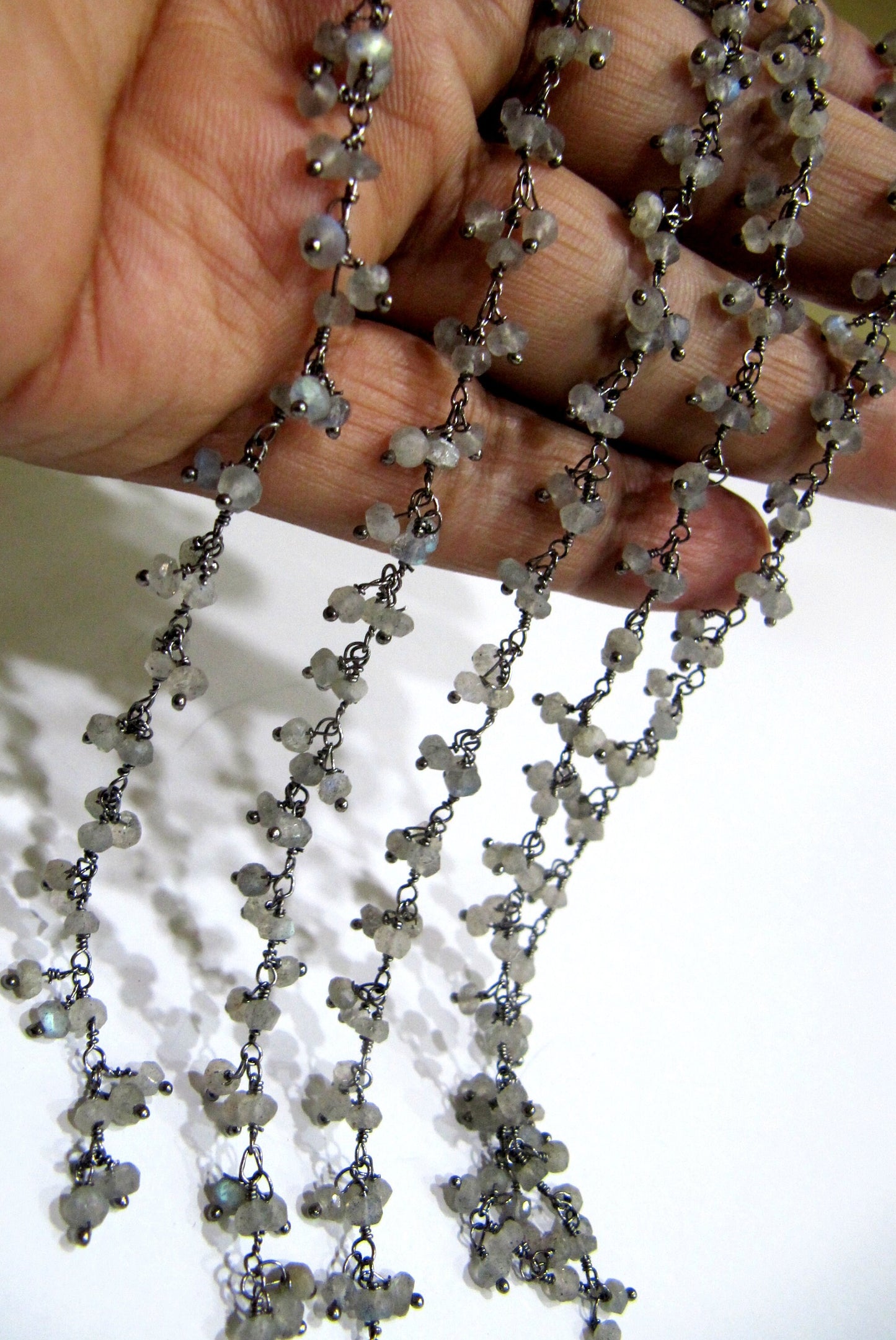 1 Foot -: Natural Labradorite Rondelle Faceted 3mm Size Beaded Wire Wrapped Dangling Cluster Rosary Chain Wholesale Prices